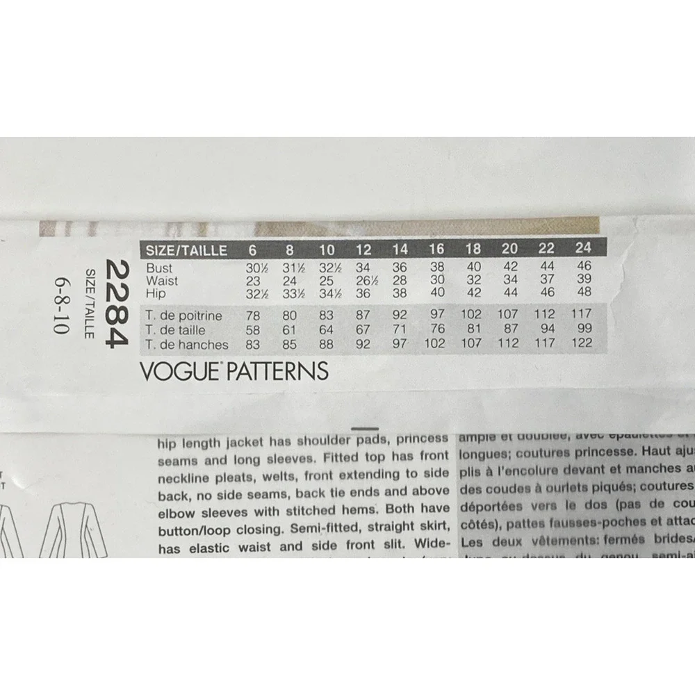 Vogue Wardrobe Pattern 2284 Misses Career Work Separates 5 pc Sz 6-10 Uncut '99